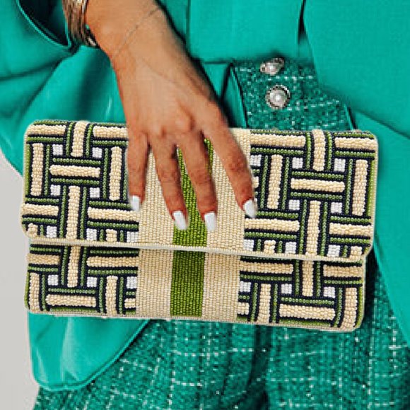 Green Striped Beaded Crossbody Chain Clutch Handbag Bag NEW - Picture 2 of 8